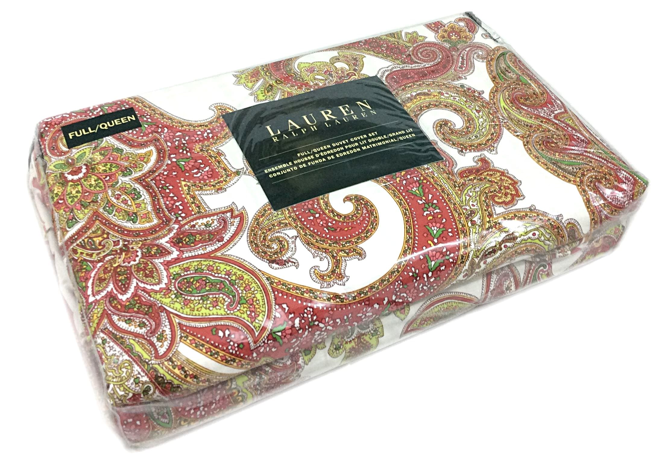 Ralph Lauren Paisley Medallion Scrolls Reversible to Stripes Duvet cover 3pc Full/Queen Duvet Cover Set Red Green Yellow Boteh Pattern (Full/Queen)