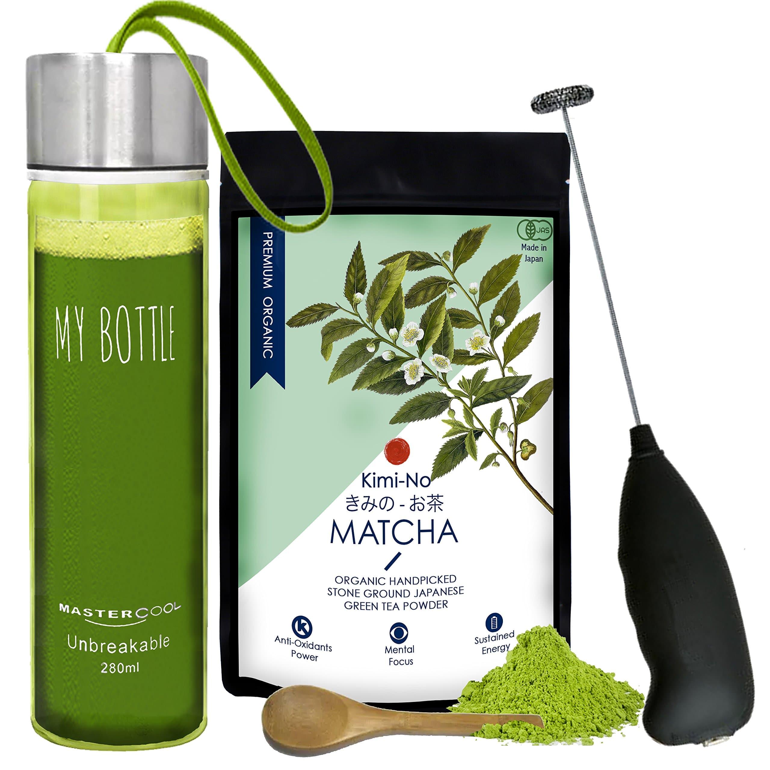 Kimino - Organic Matcha Tea - 50 GMS - Holiday Combo Kit- (Recipe EBook + Wooden Spoon + Electric Whisk + Carry Bottle)