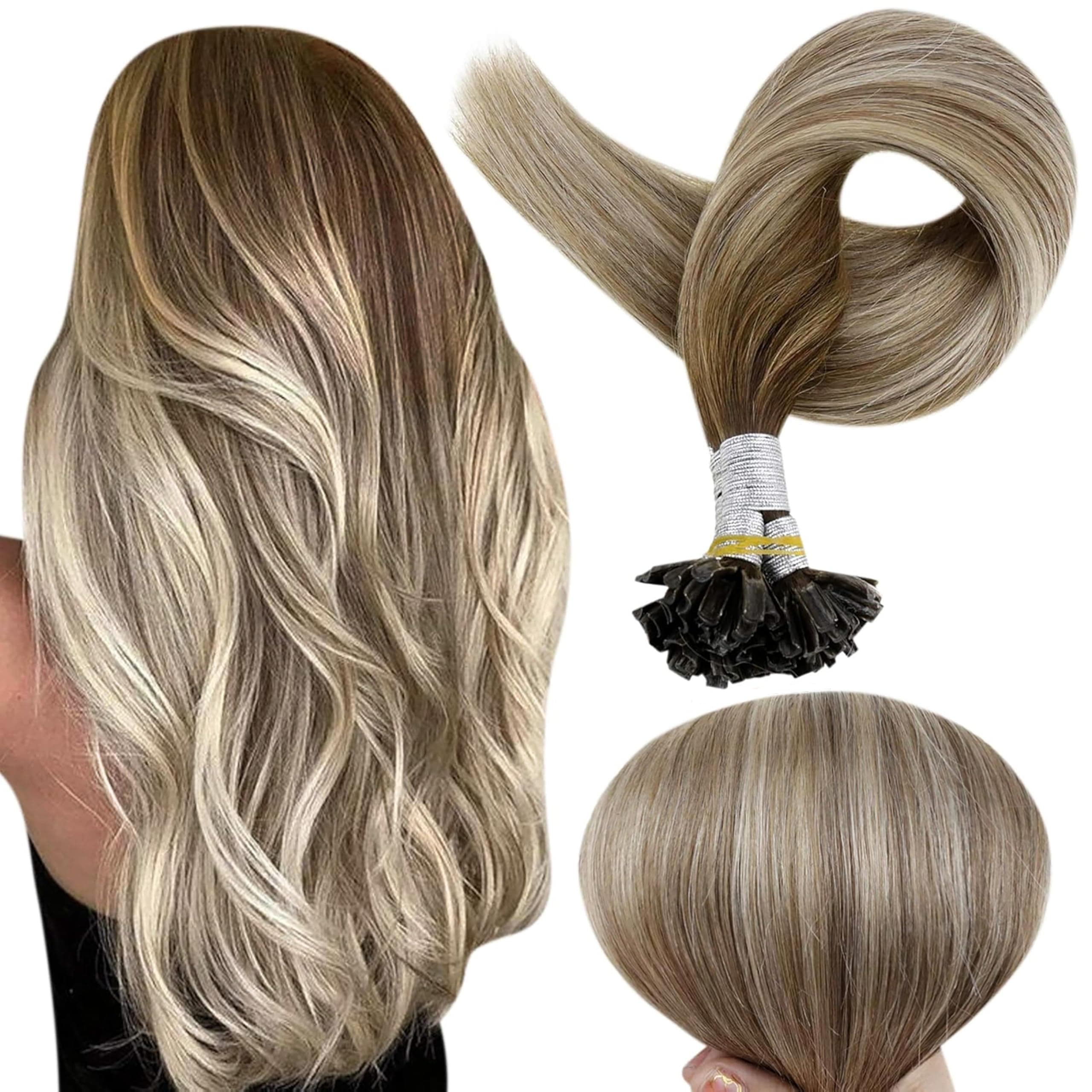 Full Shine U Tip Hair Extensions Real Human Hair 18 Inch Ktip Human Hair Extensions Balayage Color 3 Fading to 8 Ash Brown and 22 Blonde Fusion Extensions 50 Grams Pre Bonded Remy Hair for Wedding