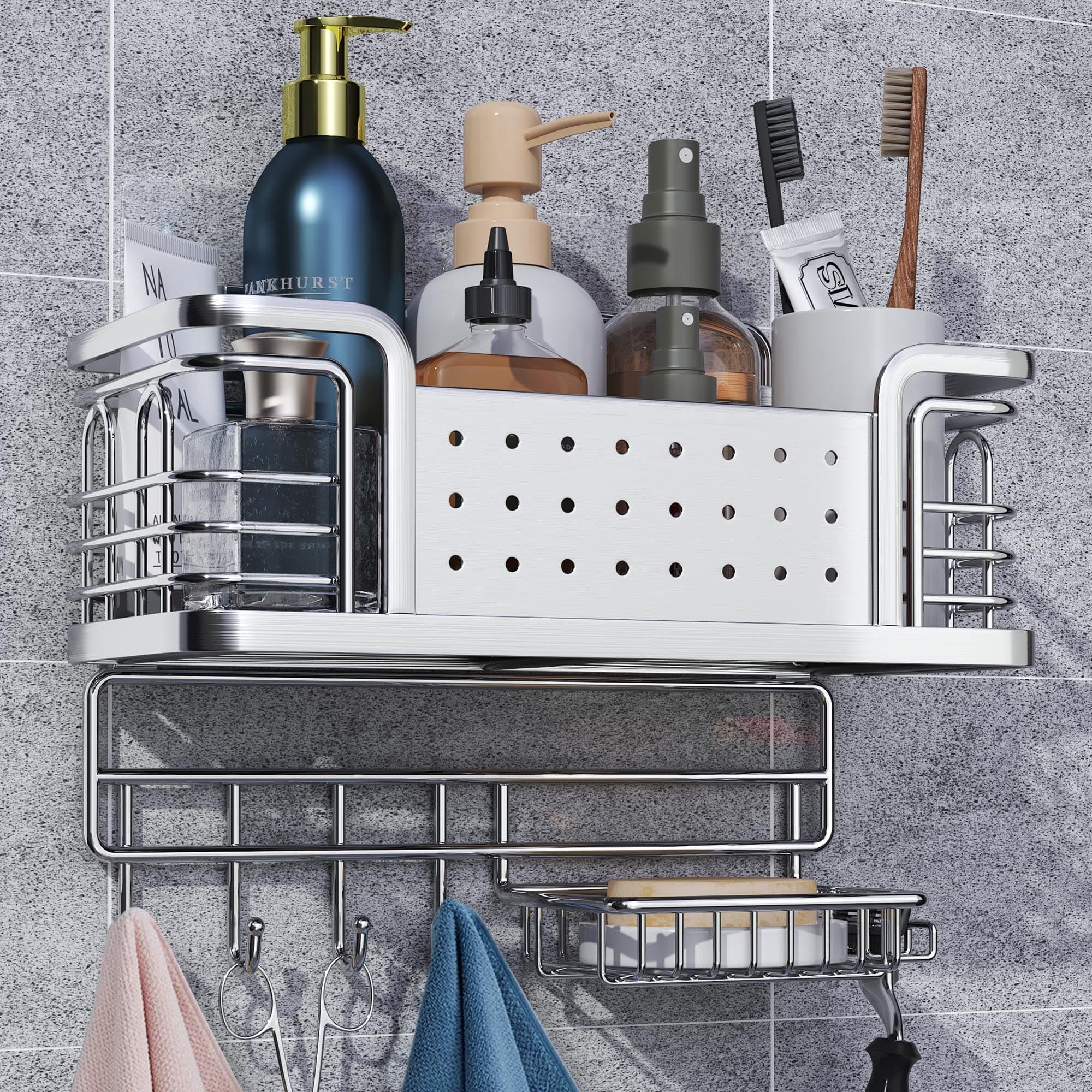 LIVOD Shower Caddy Shelf with Soap Dish, Adhesive Bathroom Storage Shelves for Inside Shower, No Drilling Wall Mounted Shower Organizer Shampoo Holder, 304 Stainless Steel (Silver)