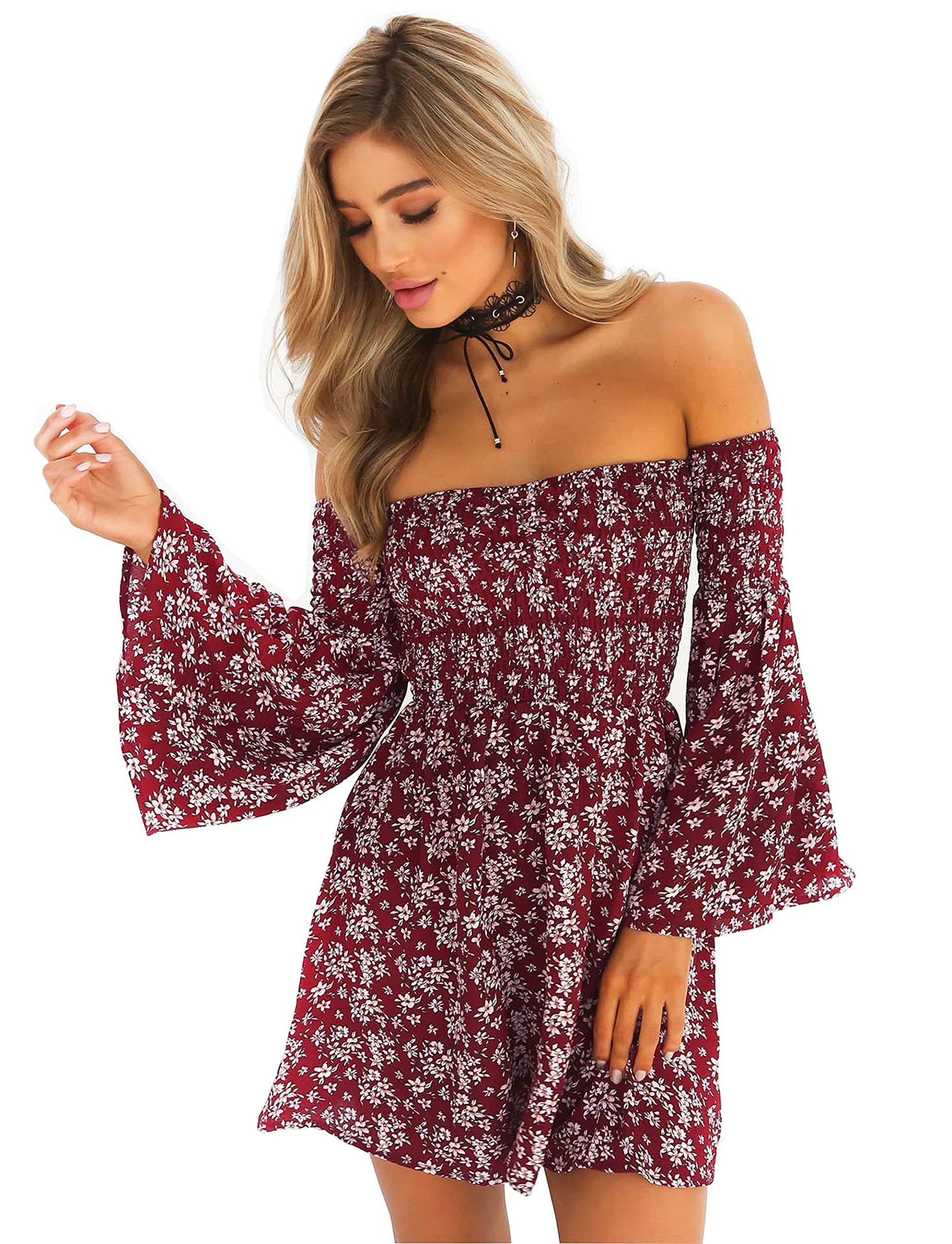 ONEYIMWomen's Dress Summer Floral Long Sleeve Off Shoulder Casual Mini Dresses
