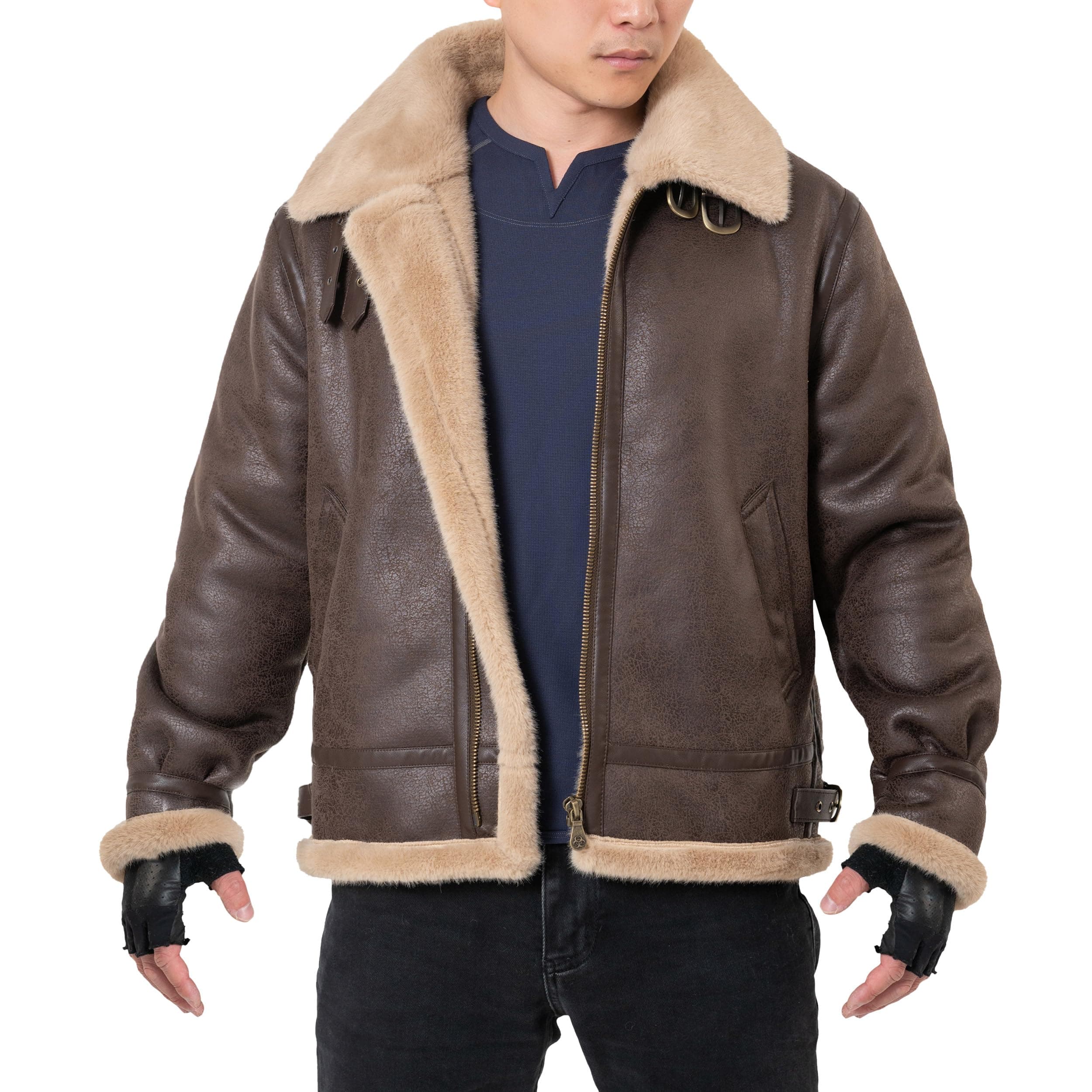 Men Brown Leather Jacket Motorcycle Shearing Fur Flight Coat Cosplay Costume for Comic-Con XS-3XL