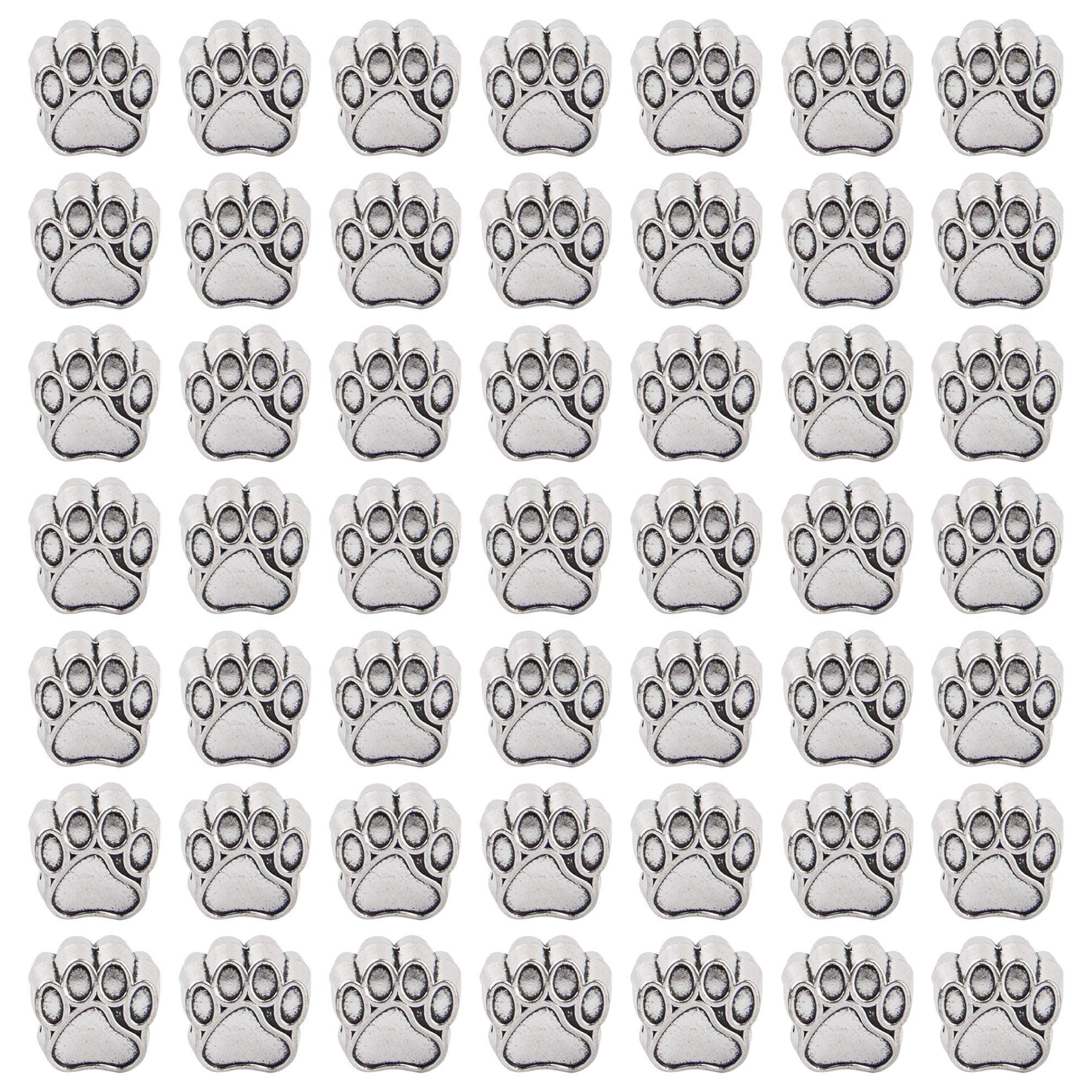 Azure Zone, 50 Pack Pet Dog Paw Footprint Beads Silver Puppy Big Hole Print Metal Bead Charm Pendant for European Jewelry Making Necklace Bracelet