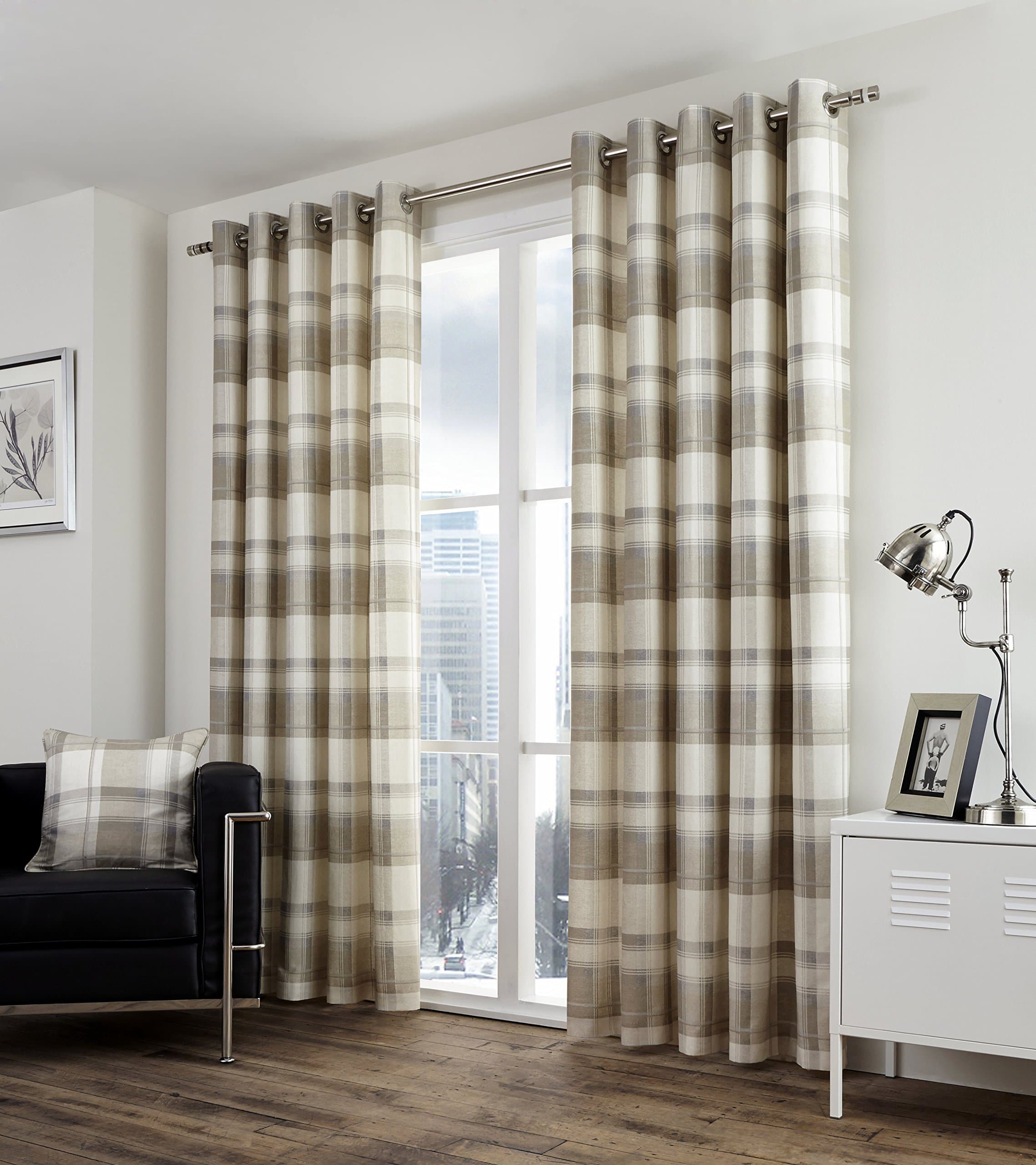Fusion - Balmoral Check - 100% Cotton Pair of Eyelet Curtains - 90" Width x 90" Drop (228 x 228cm) in Natural, Nautral