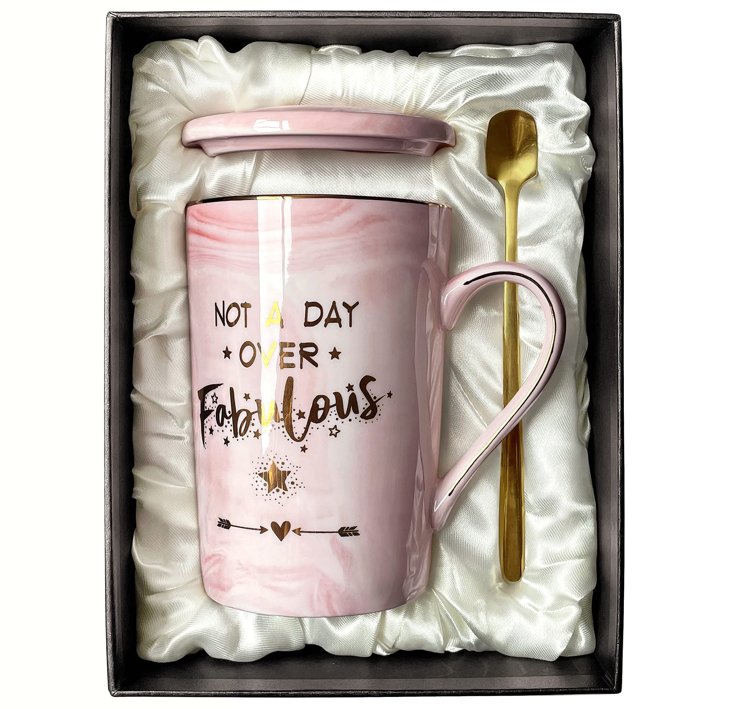 Gifts for Women Birthday Not A Day Over Fabulous Mug Birthday Gifts for Her, Woman, Best Friends, Wife, Mum, Daughter, Sister, 14oz Marble Ceramic Coffee Cug with Spoon Lid Card Gift Box