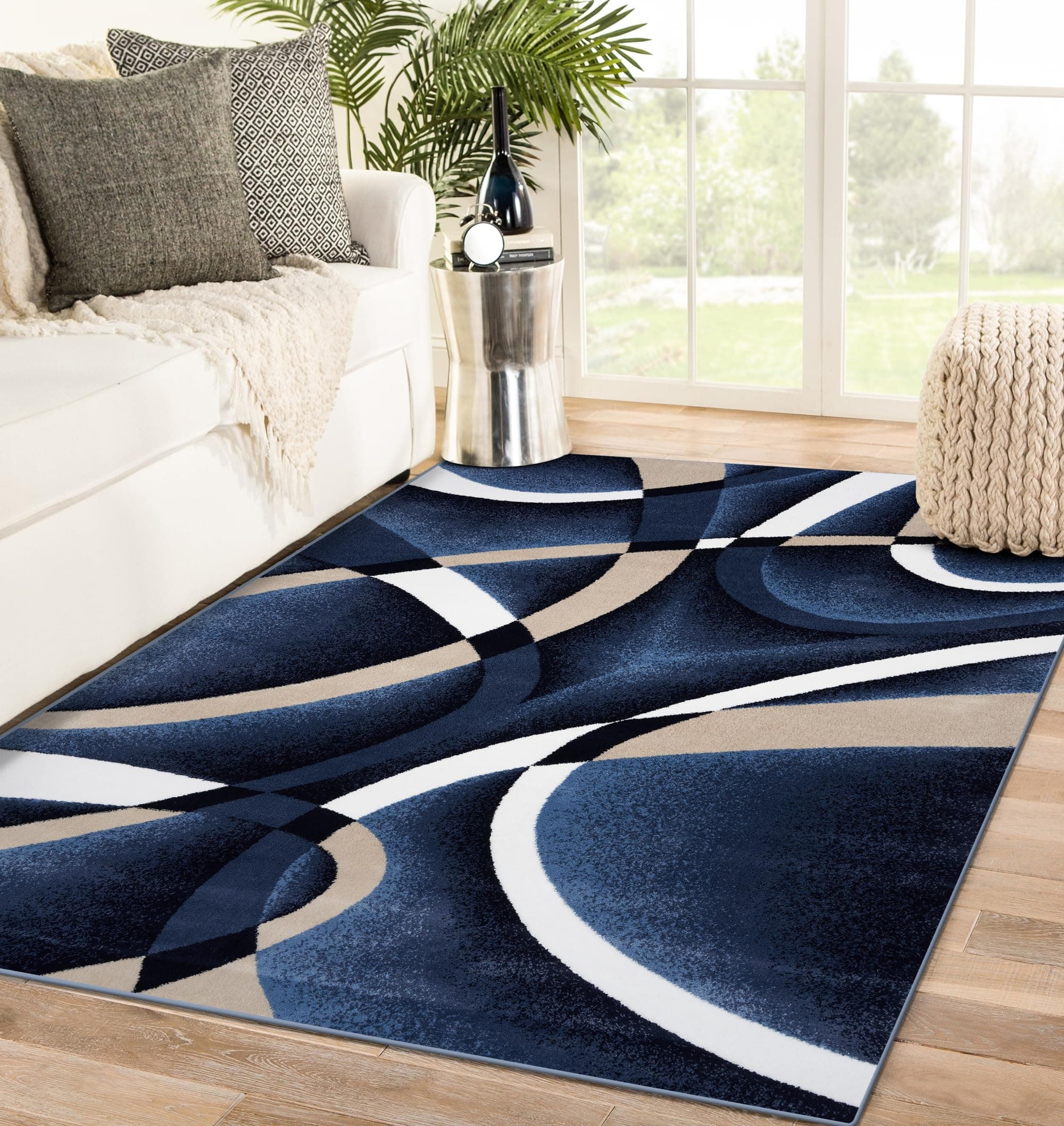 2305 Geometric Abstract Navy 5x7 Area Rugs for Living Room