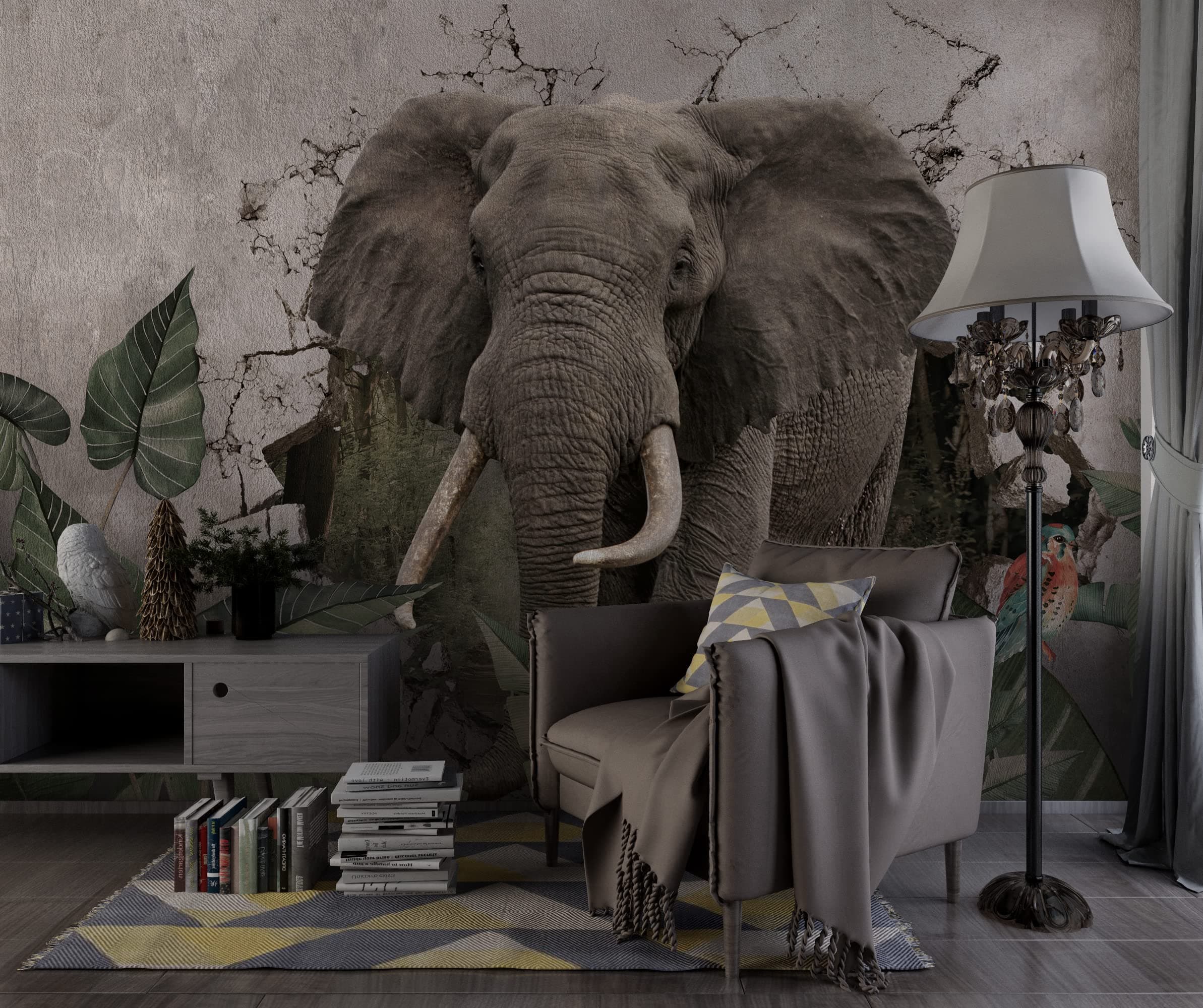 Muravie Giant Elephant 3D Wallpaper - Removable Wall Mural- Peel and Stick Wallpaper- 3D Wall Poster- Custom Size Wall Mural