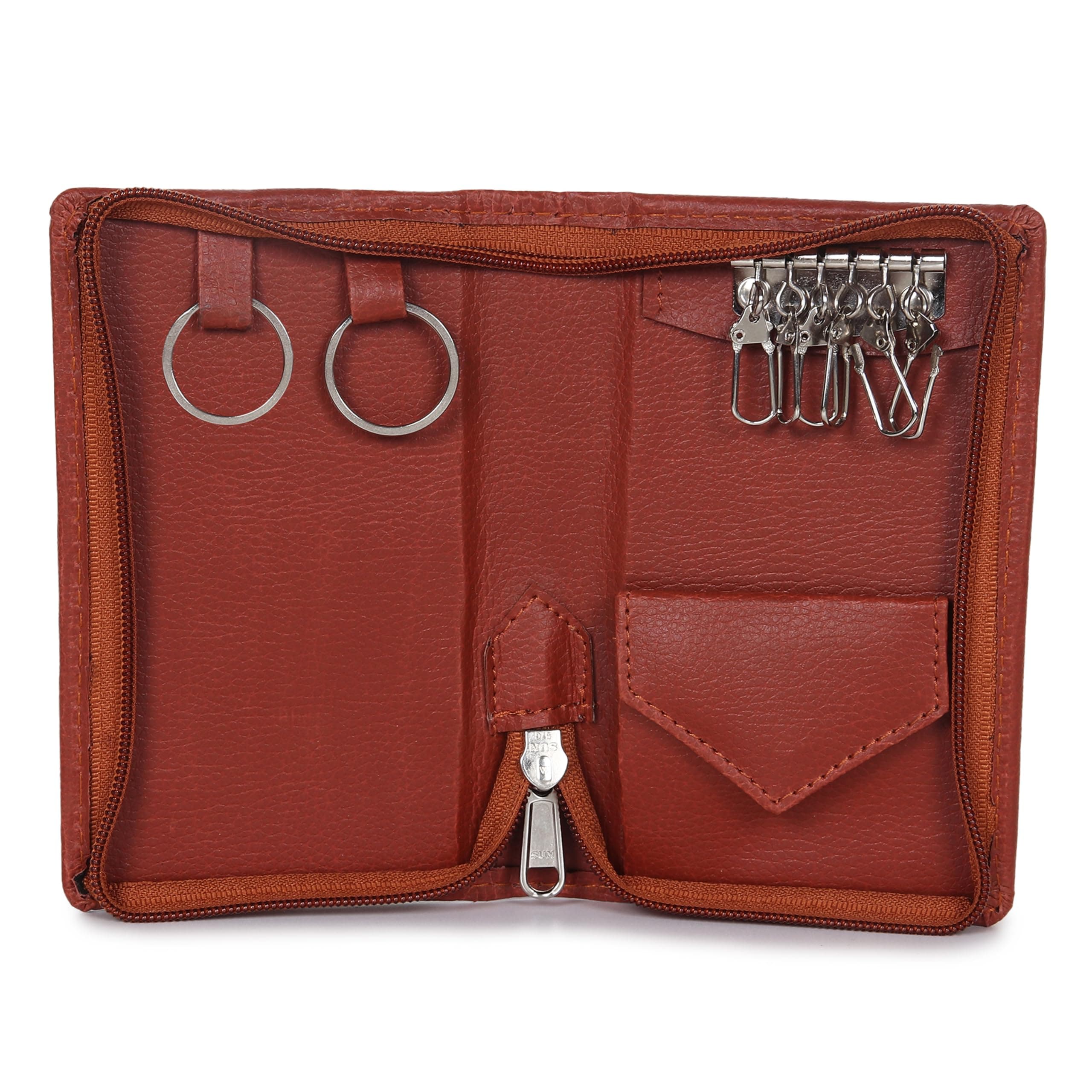 DESK DOCK Leather Key Case Wallet Keychain Holder for Men & Women, Bank Locker Pouch With 6 Hooks Zipper Closure (Brown 6inch)(Pack of 1)