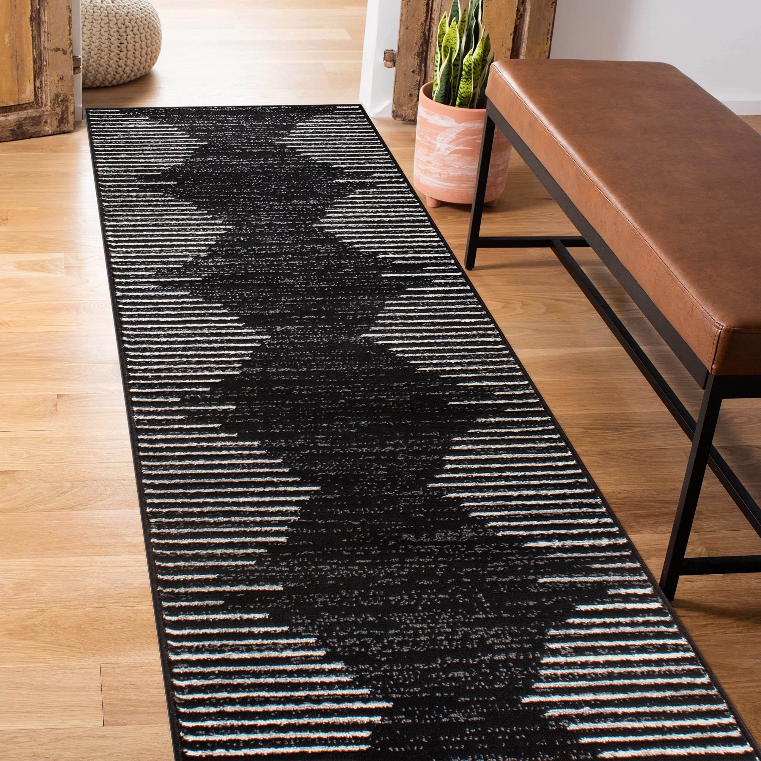 Rugshop Bohemian Stripe Stain Resistant Carpet High Traffic for Hallway Entryway Living Room Kitchen Bedroom Laundry Runner Rug 2' x 7' Black