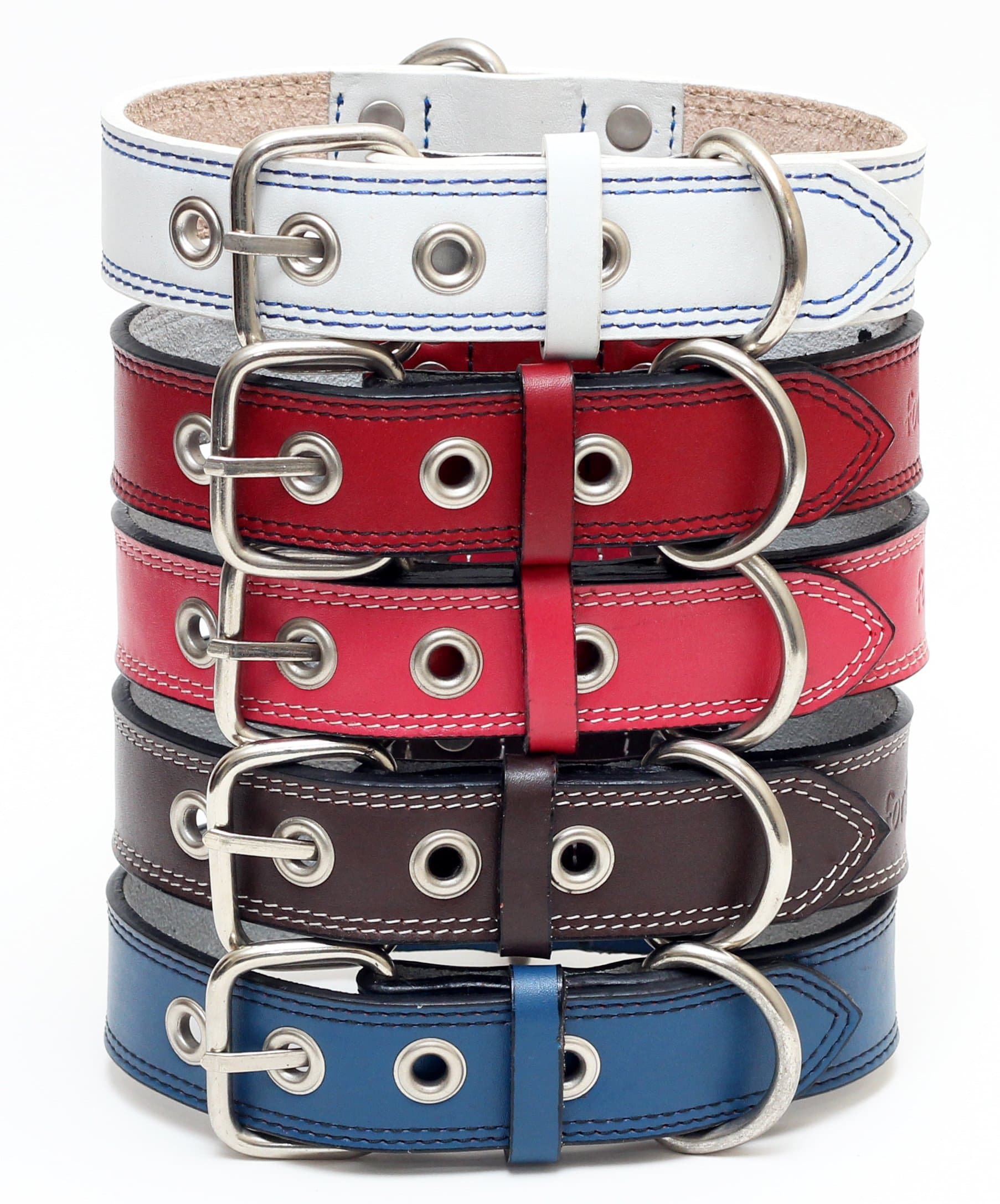 Premium Leather Collars with Stainless Steel Buckles (18"-21", White)