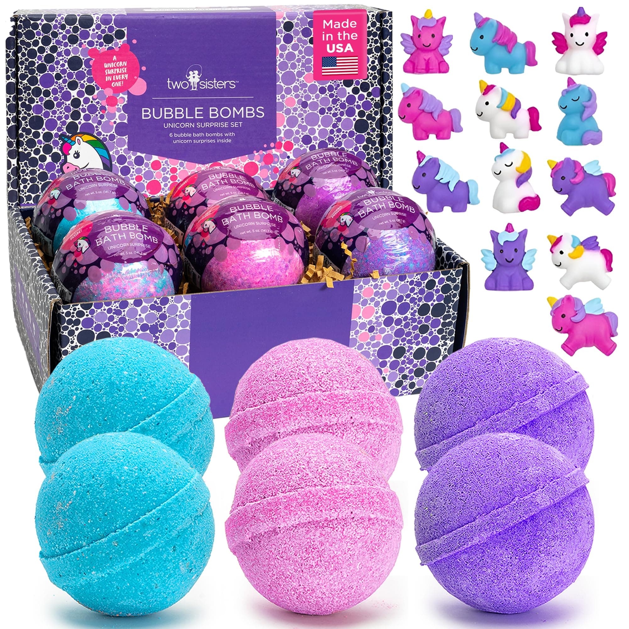 Unicorn Bath Bombs for Girls with Surprise Toys Inside (6 Pack) - Large Bubble Bomb for Kids, Gentle and Safe, Made in USA, Fizzies, Fruity Scents, Won't Stain Tub - Ideal Gift by Two Sisters