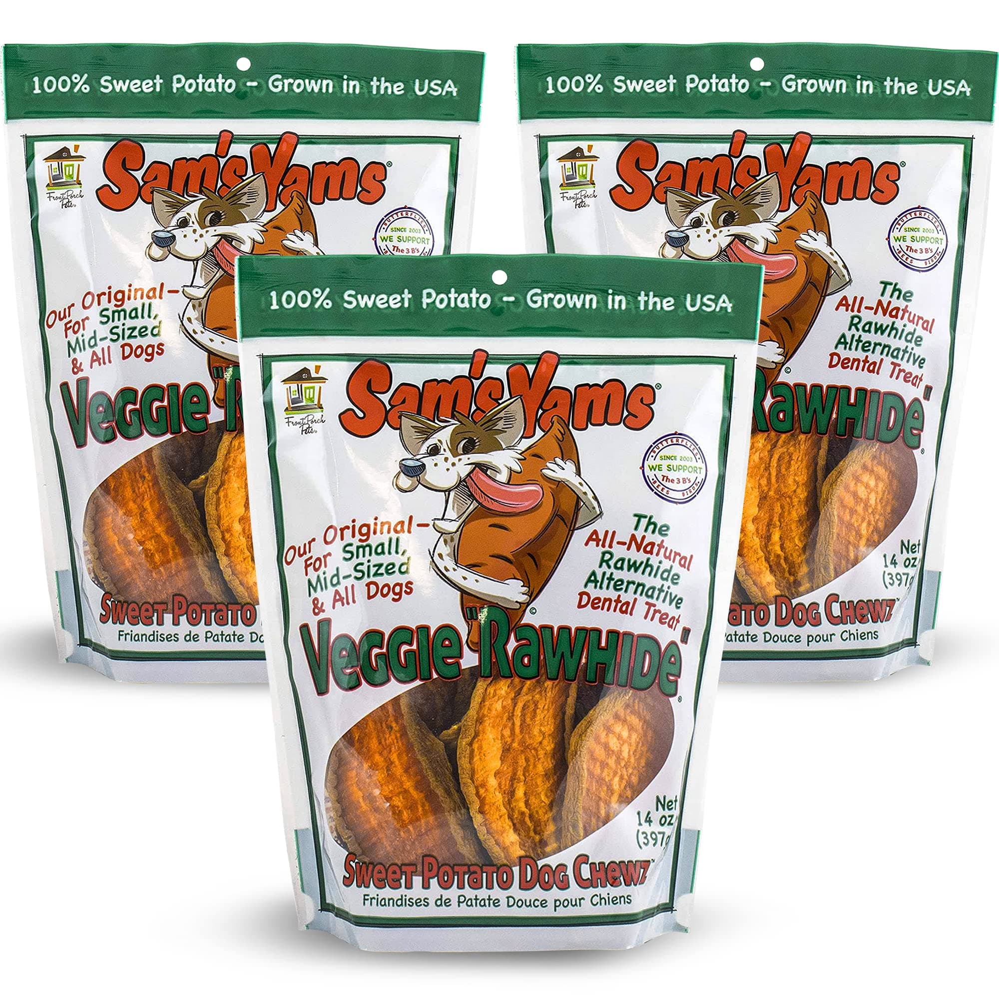 Sam's Yams Sweet Potato Dog Chewz 14oz Bags-Veggie Rawhide,3-Pack