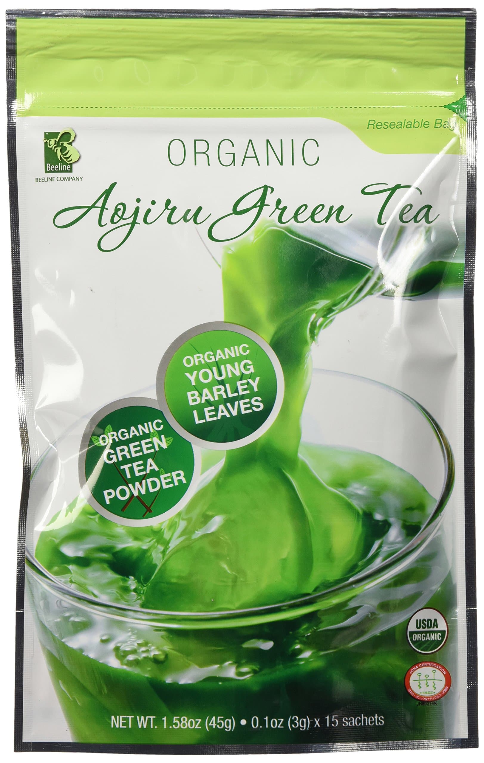 Organic Green Tea & Young Barley Grass (From Mie Prefecture, Japan) - Micro-pulverized Green Juice Mix, 3g packet x 15