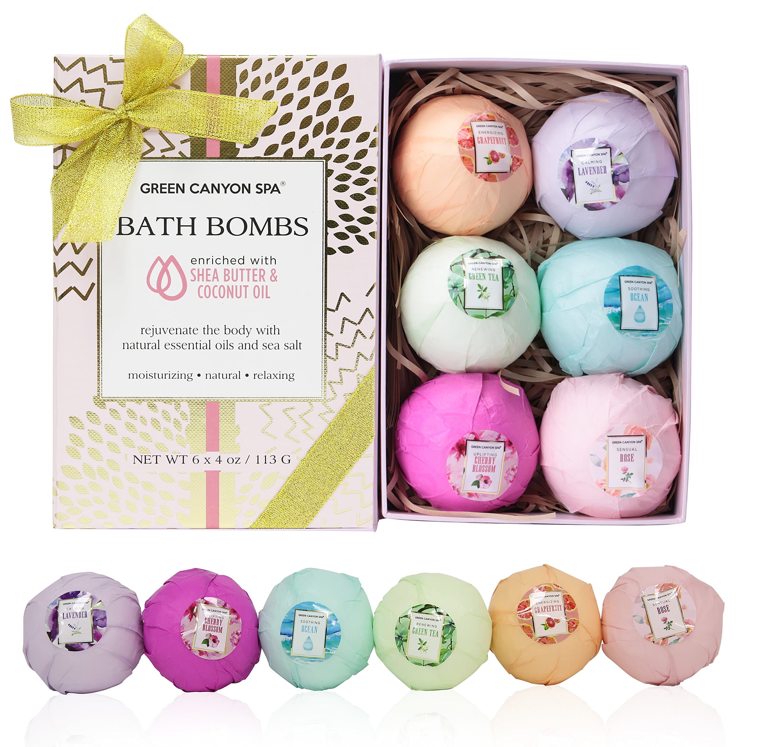 Natural Bath Bombs Luxury Gift Set with Shea Butter & Coconut Oil - 6 Extra Large Bath Fizzies with Moisturizing Ingredients for Dry Skin and Natural Essential Oils for Relaxation and Spa
