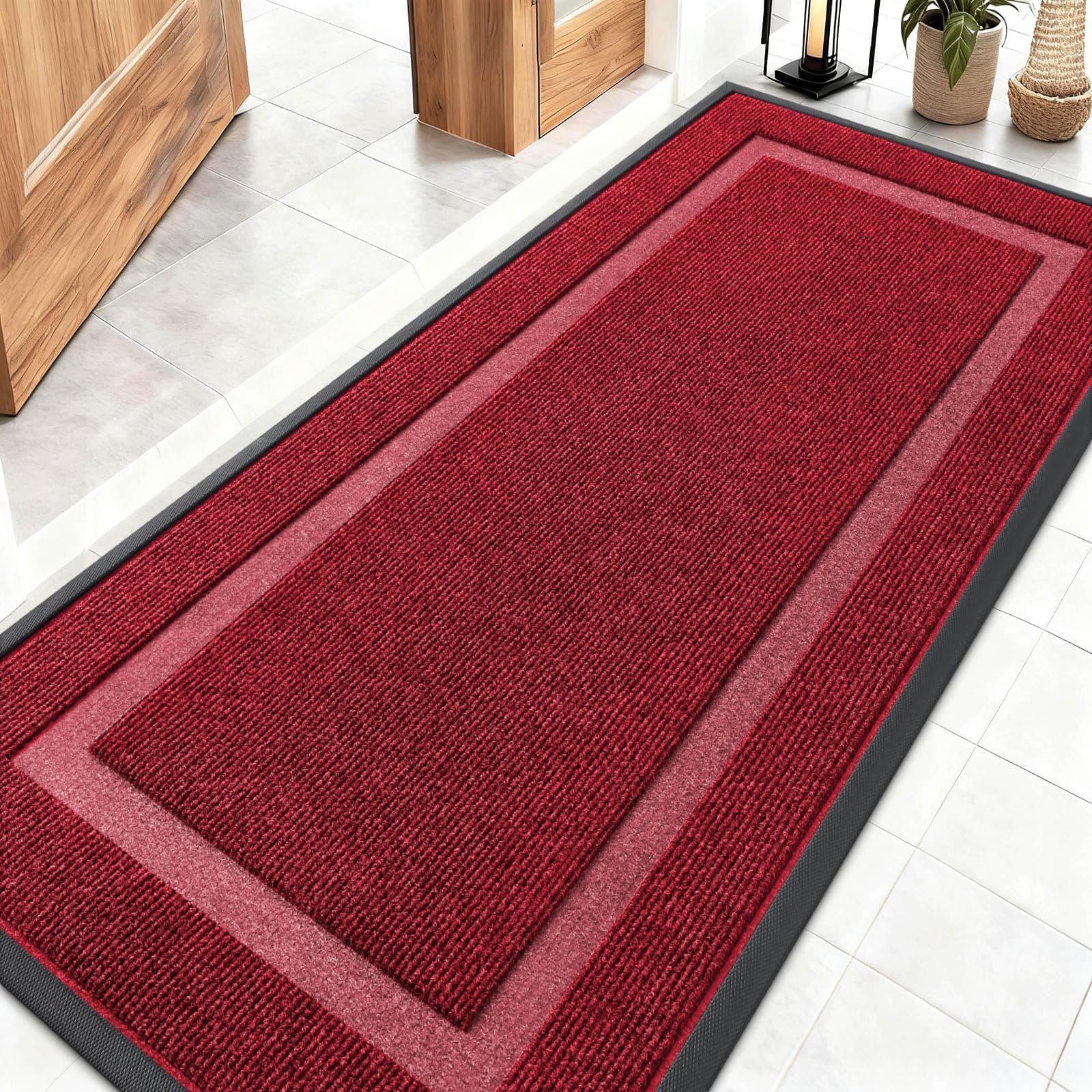 Front Door Mat Indoor Outdoor Entrance, Waterproof All-Season, All-Weather Doormat, Sturdy Natural Rubber, Fade Resistant, Low Profile, Easy Clean Patio Porch Entryway Mat, 59x24, Wine Red