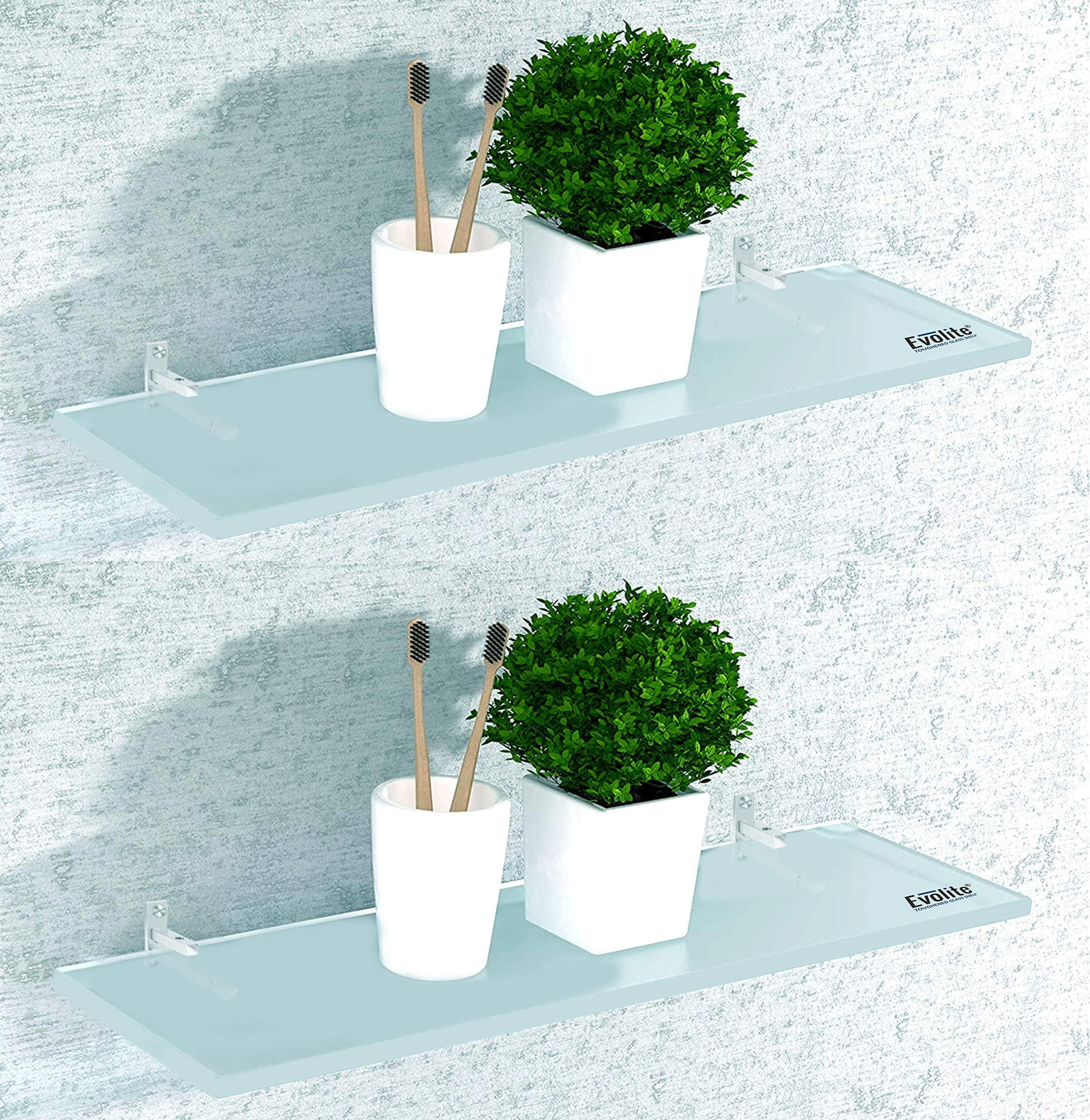 Evolite Tempered glass shelf for wal Living Room Corner and Rectangle Stand for Bathroom Racks & Shelves, Storage Shelf Wall Mounted Corner with Fitted Brackets (5 x 15 inch)(Pack of 2)
