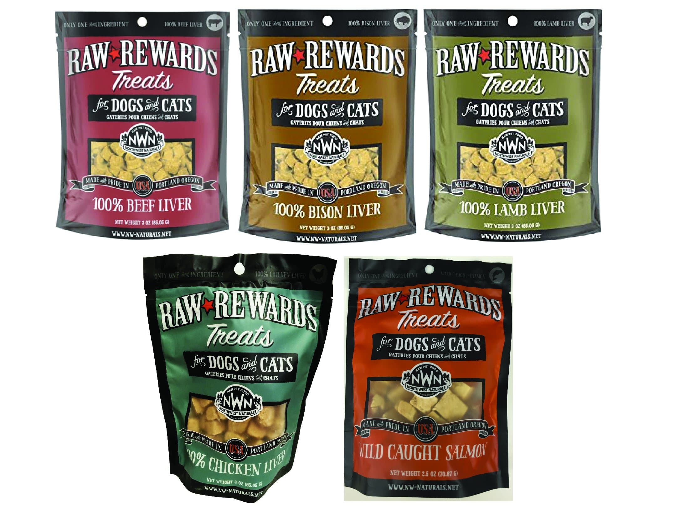 Northwest Naturals Raw Rewards Freeze Dried Treats for Dogs & Cats Mixed 5 Packs, Salmon, Beef Liver, Chicken Liver, Bison Liver and Lamb Lliver