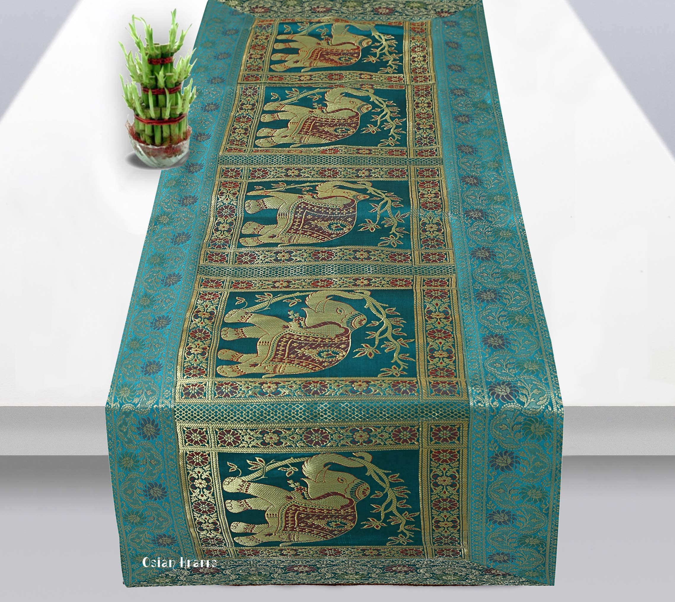 Osian Krafts Christmas Gift Emerald Green Gold Banarsi Silk Brocade Table Runner for Dining Table 6 & 4 Seater Elephant Centre Table Top Decor Rectangle | 60x16 Inches (152x40 cm)