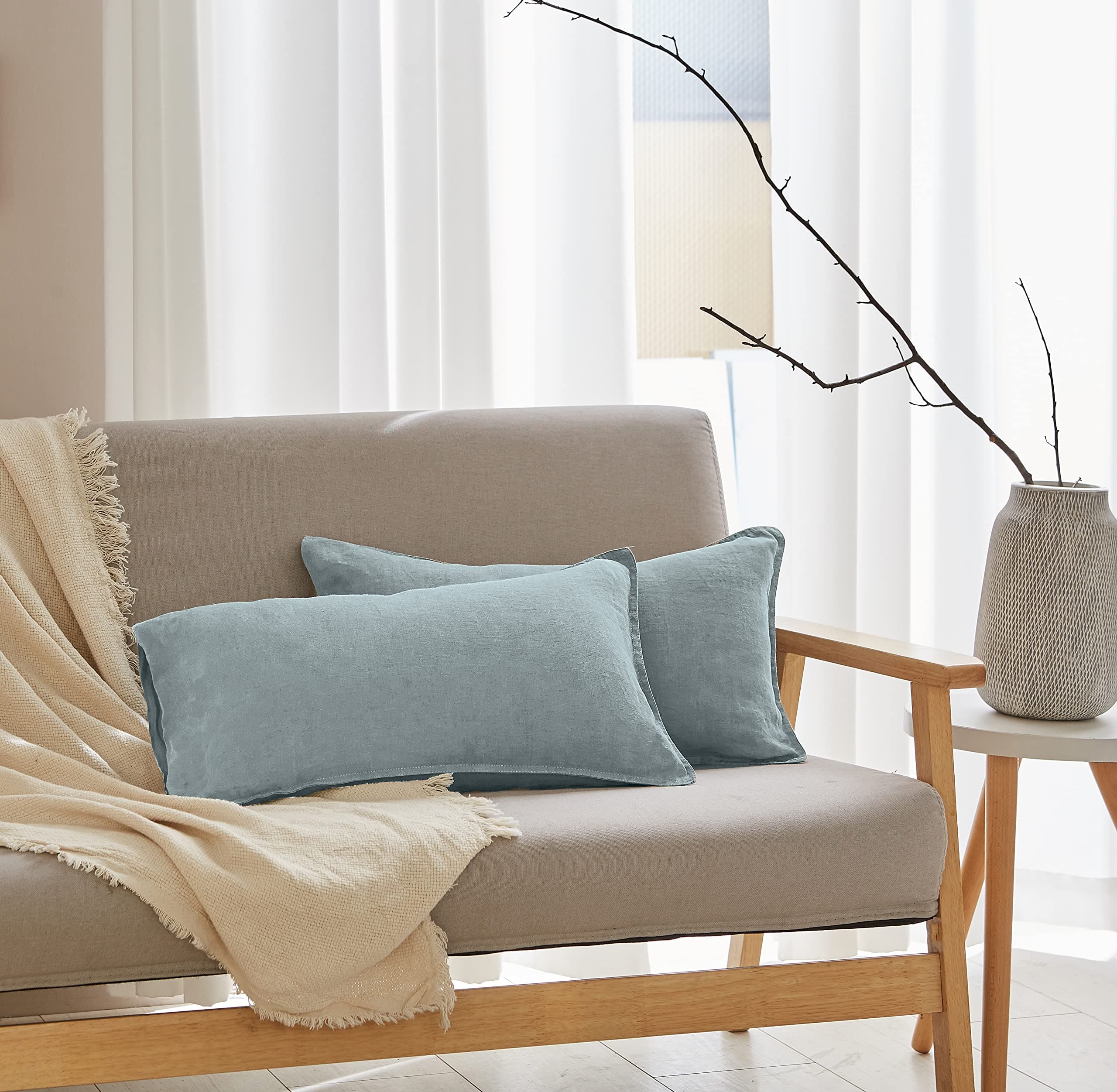 Simple&Opulence 100% Linen Lumbar Pillow Cover 12 x 20 Inches Set of 2 Rectangular Decorative Throw Cushion Cover for Couch Sofa Bed Living Room Office Soft Breathable Farmhouse - Dusty Blue