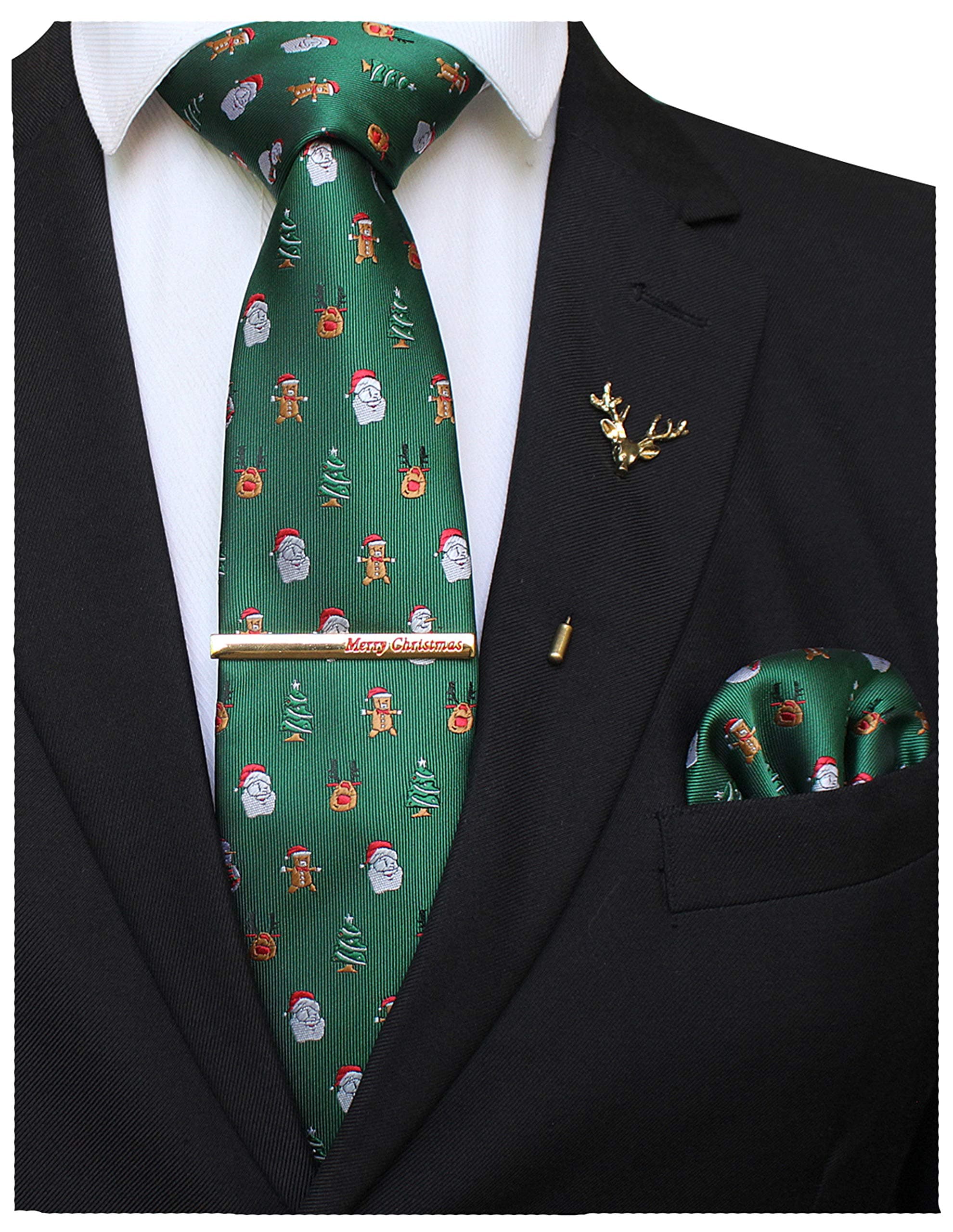 Festival Christmas Tie and Pocket Square with Tie Clip and lapel pin Set