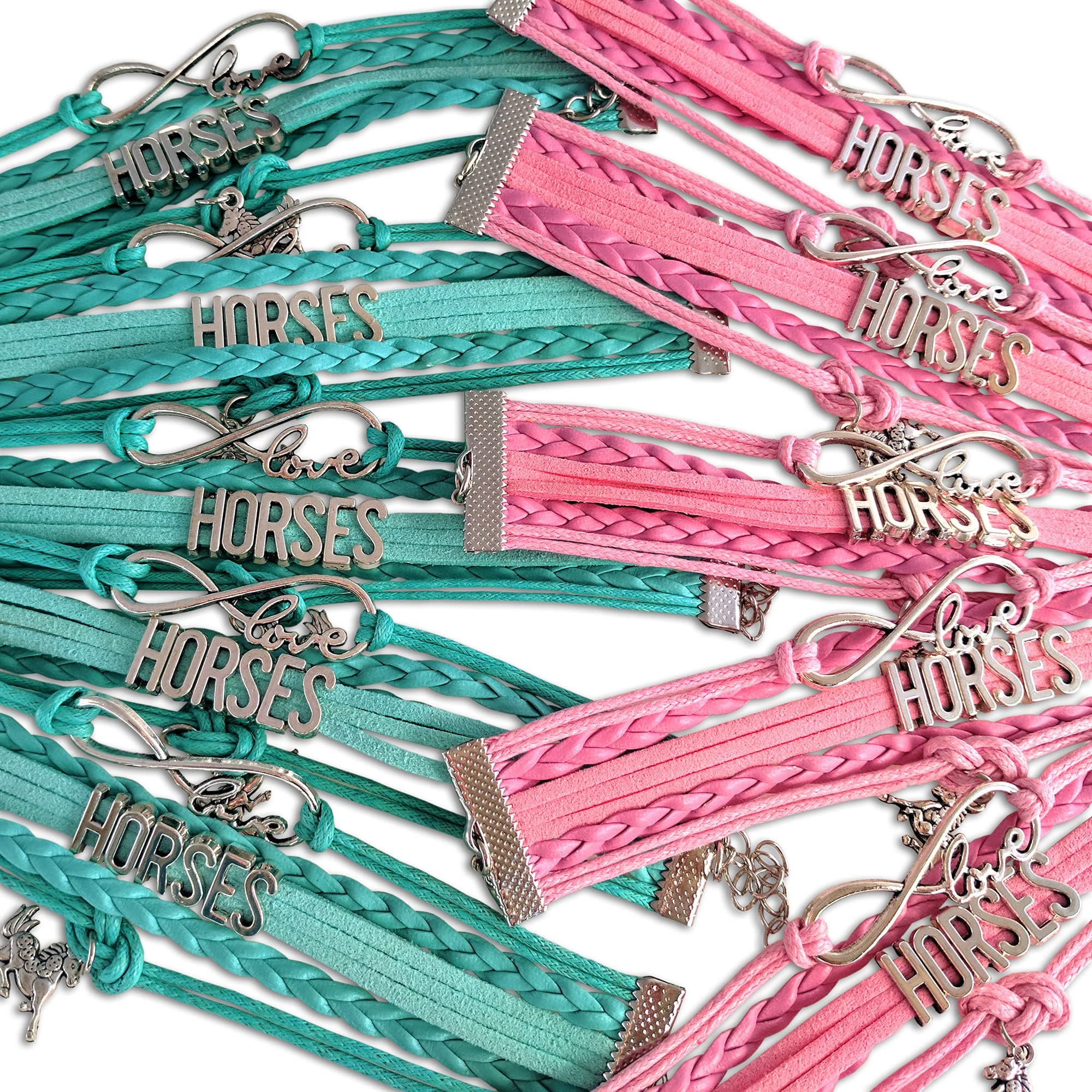 Horse Party Favors, Infinity Horses Charm Bracelet 10 Pack for Horse Lovers and Pony Lovers, Birthday Party Supplies for Party Favor Bags, Gifts for Girls. (Pink/White and Blue)