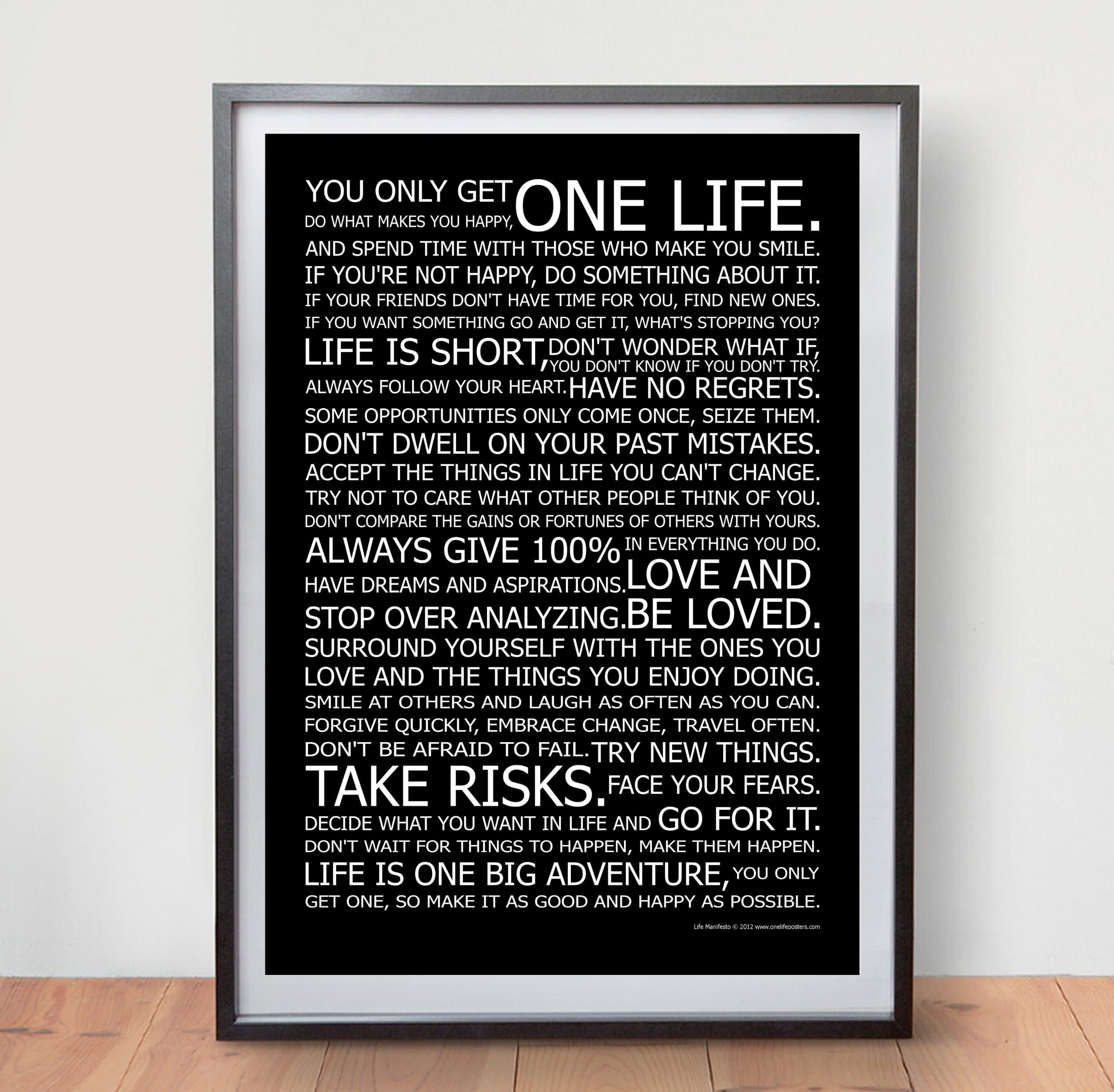 Life Manifesto Poster - in Black - Motivational Quote Wall Art Picture Print - Size A2 (420 X 594mm)