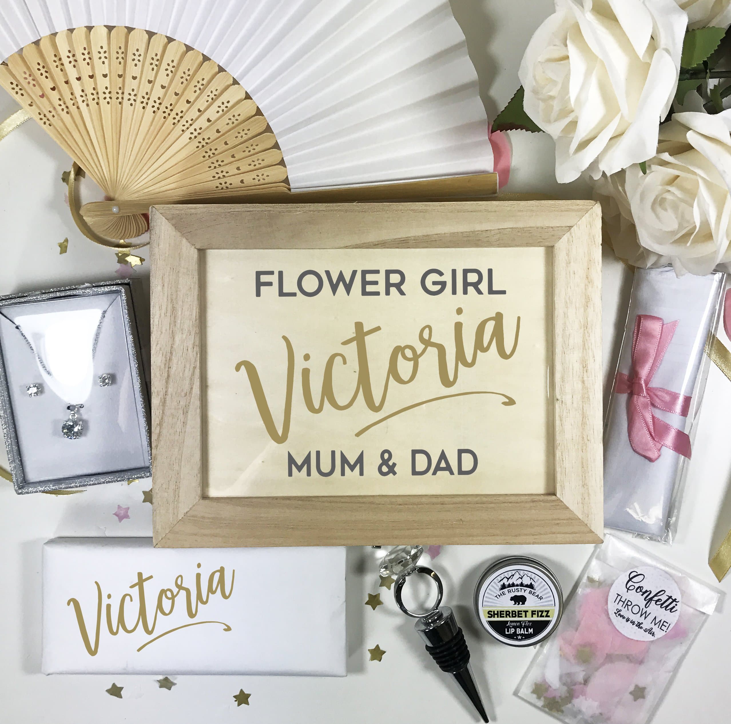 Cinnamon Bay Flower Girl Wedding Day Morning Gift Personalised Box and Chocolate with Hanky, Lip Balm, Confetti, Hand Fan, Necklace & Earrings Gift Set