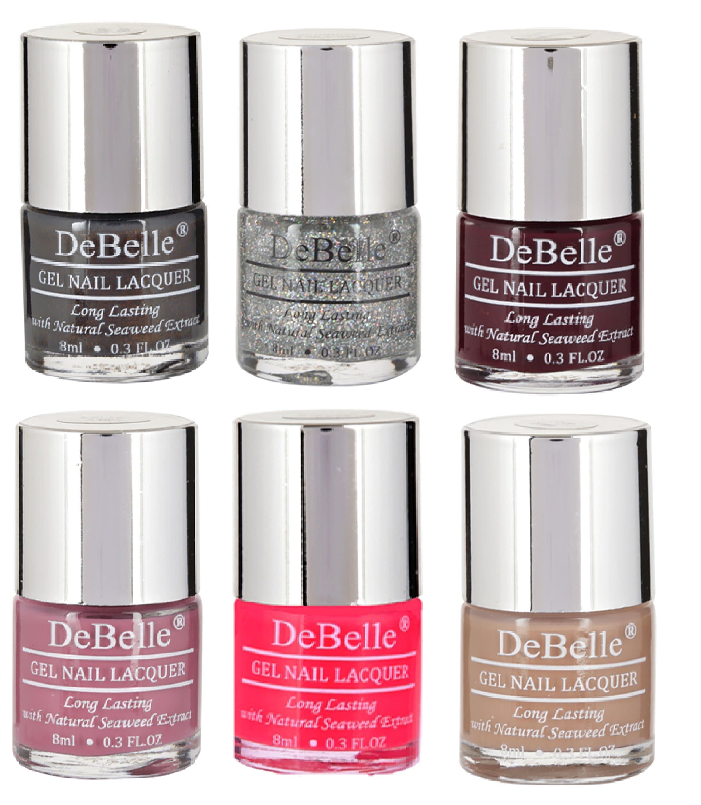 DeBelle Nail Polish Combo pack of 6, Dark Grey(Copper Glaze) , Shimmer Top Coat,Dark Maroon(Glamorous Garnet),Light Majenta (Laura Aura),Bright Pink(Fushcia Rose),Light Brown(Coco Bean), 48 ml(8 ml Each)