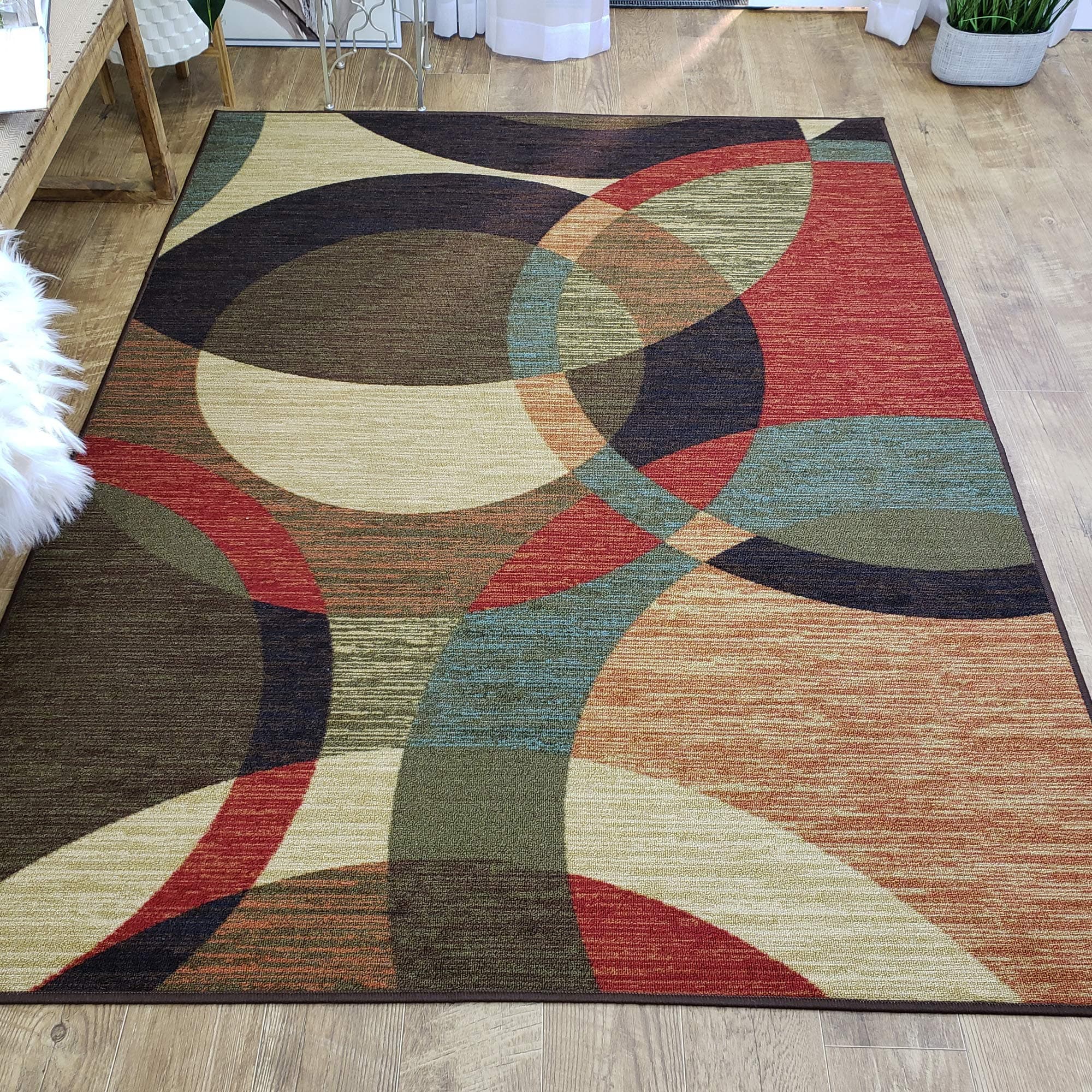 Rubber Backed Area Rug, 58 x 78 inch, Modern Circles, Non Slip, Kitchen Rugs and Mats