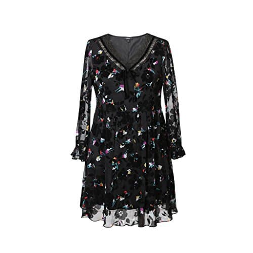 LYQQ Jin Ping® Dress, Autumn Fat mm Waist Cover Belly Flocking Chiffon Printed Dress Flocking Process (Color : Black, Size : 4XL)