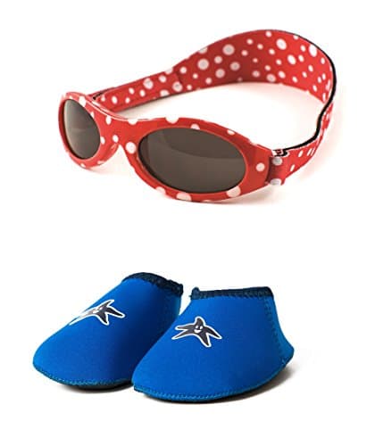 Yoccoes Baby Gift Pack BabyBanz Red Polka Dot Sunglasses and Blue Shore Feet Baby Shoes Age 0-24 Months Combo Pack (S, 6-12 Months, Shoe Size UK C2-3.5, EU 18-19.5)