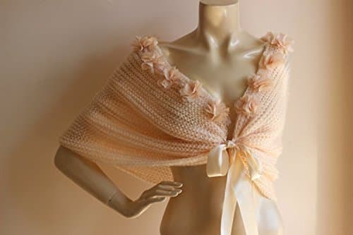 Salmon Bridal Cape with Flowers-Salmon Wedding Wrap Shrug Bolero/Hand Knit Mohair-Ready to ship-Custom with your wedding colors