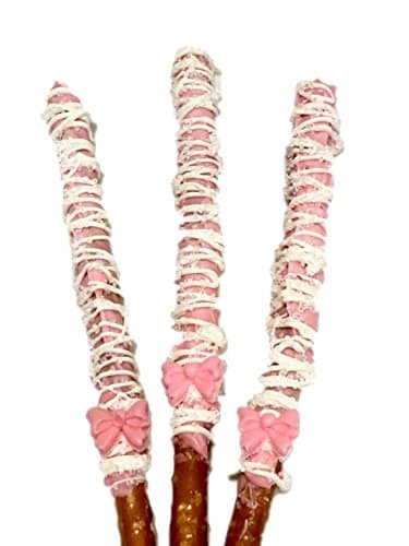 Individually Wrapped Pink and White Chocolate Covered Pretzel Rods with Bow