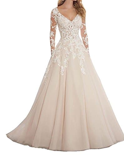 Holygift Women's V-Neck Lace Wedding Dresses Long Sleeve Bridal Ball Gowns