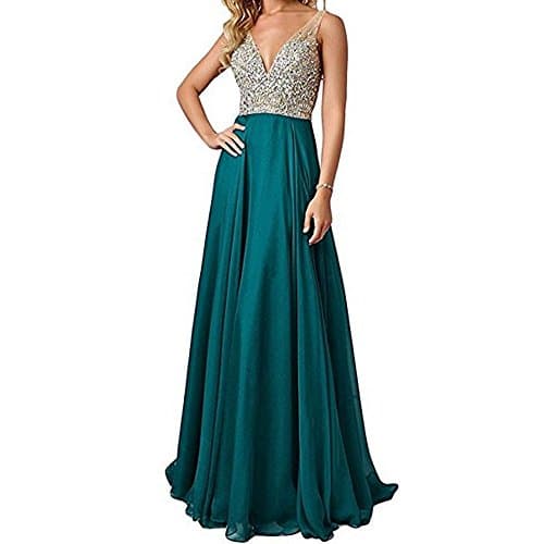 QSYE Women's Beaded Prom Dreeses Long V-Neck Chiffon Evening Gowns 2017 Teal,20w