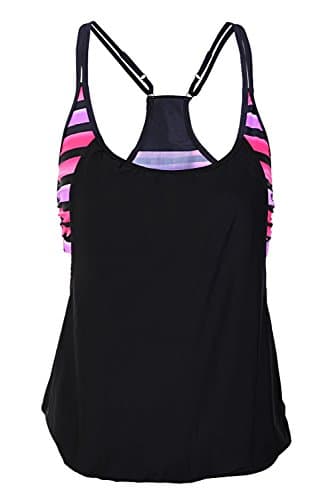 Lucklovell Sexy Women Summer Insert Padded Black Tankini Top ((US 8-10)M, Stripe)