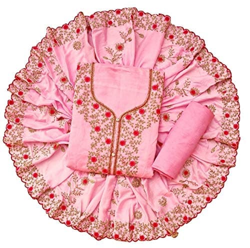 Women's Silk Cotton Embroidered Dress Material (Pink Color_Free Size)
