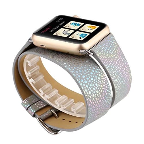 Leather Double Tour Watch Band 42mm, Iridescent Bling iWatch Strap Wristband with Metal Adapter for 42mm Apple Watch Series 3/Series 2/Series 1 (42mm,Grey)