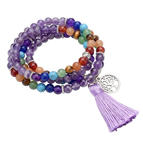 QGEM 7 Chakra Healing Mala Prayer Beads 108 Tibetan Buddhist Meditation Stone Tassel Bracelet w/Tree Life Pendant
