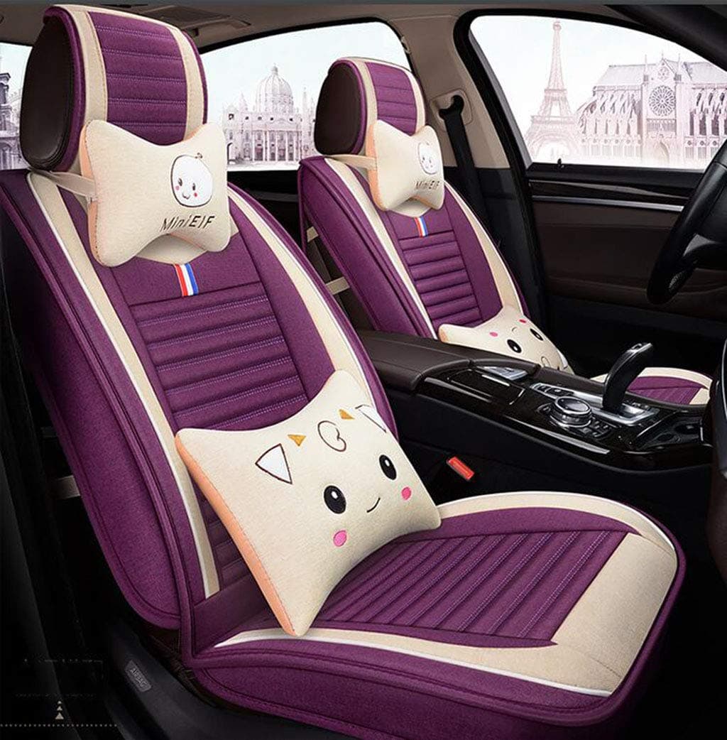 MYYDD Universal Car Seat Covers Full Set Linen And Cartoon Compatible with Mazda,Purple,CX4