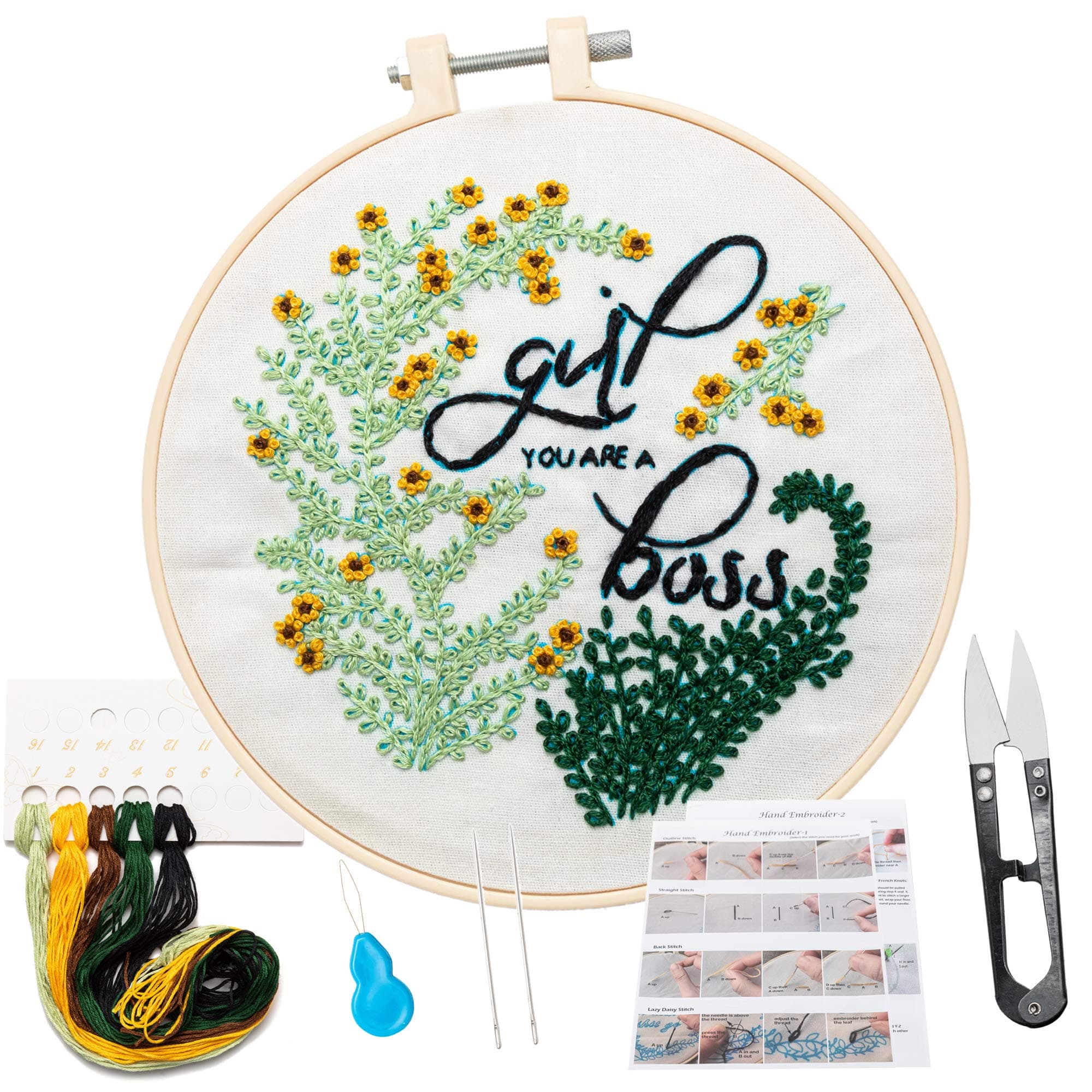 KHALEE Full Set of Hand-Made Embroidery Starter Kit, Cross Stitch Kits for Beginners Including Patterned Embroidery Cloth, Plastic Hoop,Color Floss,Tools Kit(Girl Boss, 6 Inches in Diameter)