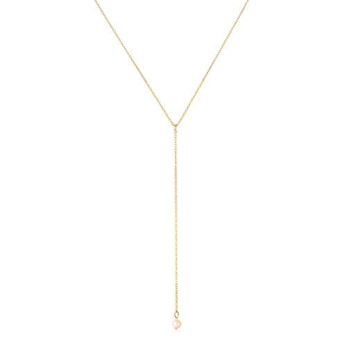 SEAYII Women Y Necklace Gold Freshwater 1 Pearl Drop Pendant Lariat Y Shaped 14K Gold Fill Dainty Gold Y Chain Simple Layering Delicate Handmade Gold Jewelry Gift