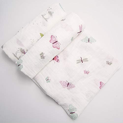 Koko Kids® 100% Organic Cotton Muslin Swaddles ~ 2 Pack, 120cm x 120cm. Pre-Washed, Unbleached Cotton. Forest Friends & Butterflies.
