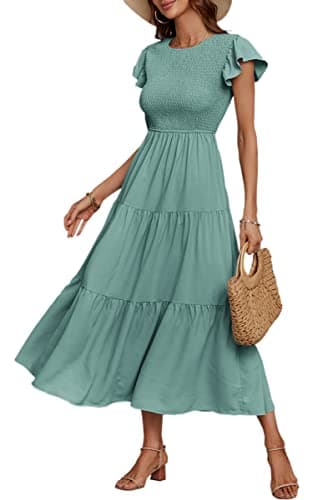 ECOWISH Womens Dresses Elegant Ruffles Cap Sleeves Summer A-Line Midi Dress