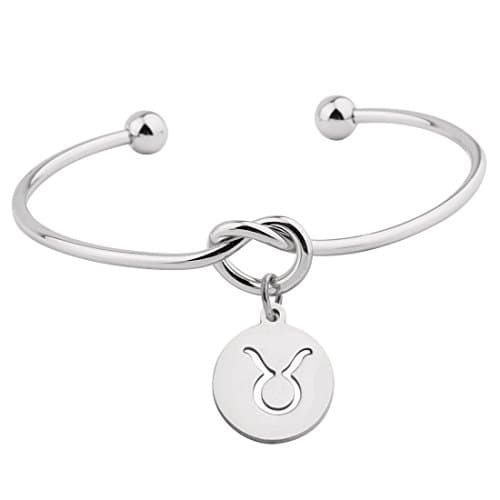 Silver Love Knot Bracelet Tie the Knot Cuff Bangle with Zodiac Signs Disc Charm (Taurus)