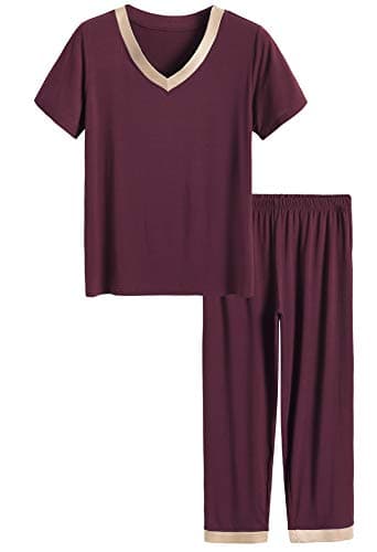 Women's V-neck Sleepwear Short Sleeves Top with Pants Pajama Set