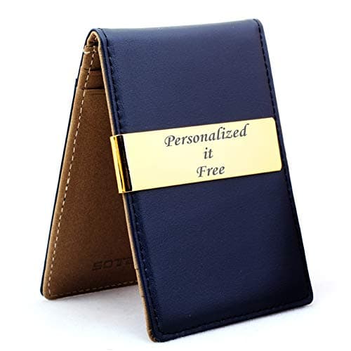Free engraving - 24K Gold Genuine Leather Money Clips Mens Wallets slim Front Pocket Card Holder Minimalist Gift for Mens Groomsmen Gift Three Lines Each 20 Characters Free Customization Gift Box