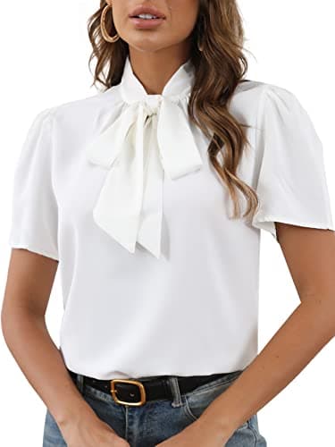 Rooscier Women's Bow Tie Knot Mock Neck Short Sleeve Elegant Workwear Blouse Shirt Top