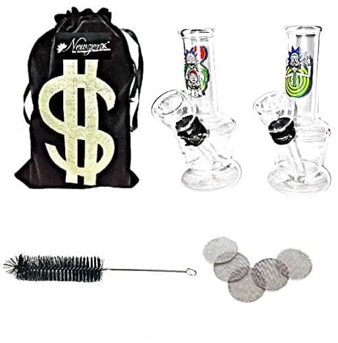 Glass Mini Bong Rick & Morty Bong (4 Inch/2 Pieces Combo Pack) Value Buy Included Velvet Pouch & Accessories