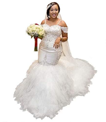 QueenBridal Off Shoulder Beaded Spaghetti Starps Mermaid Wedding Dresses for Bride QBL080